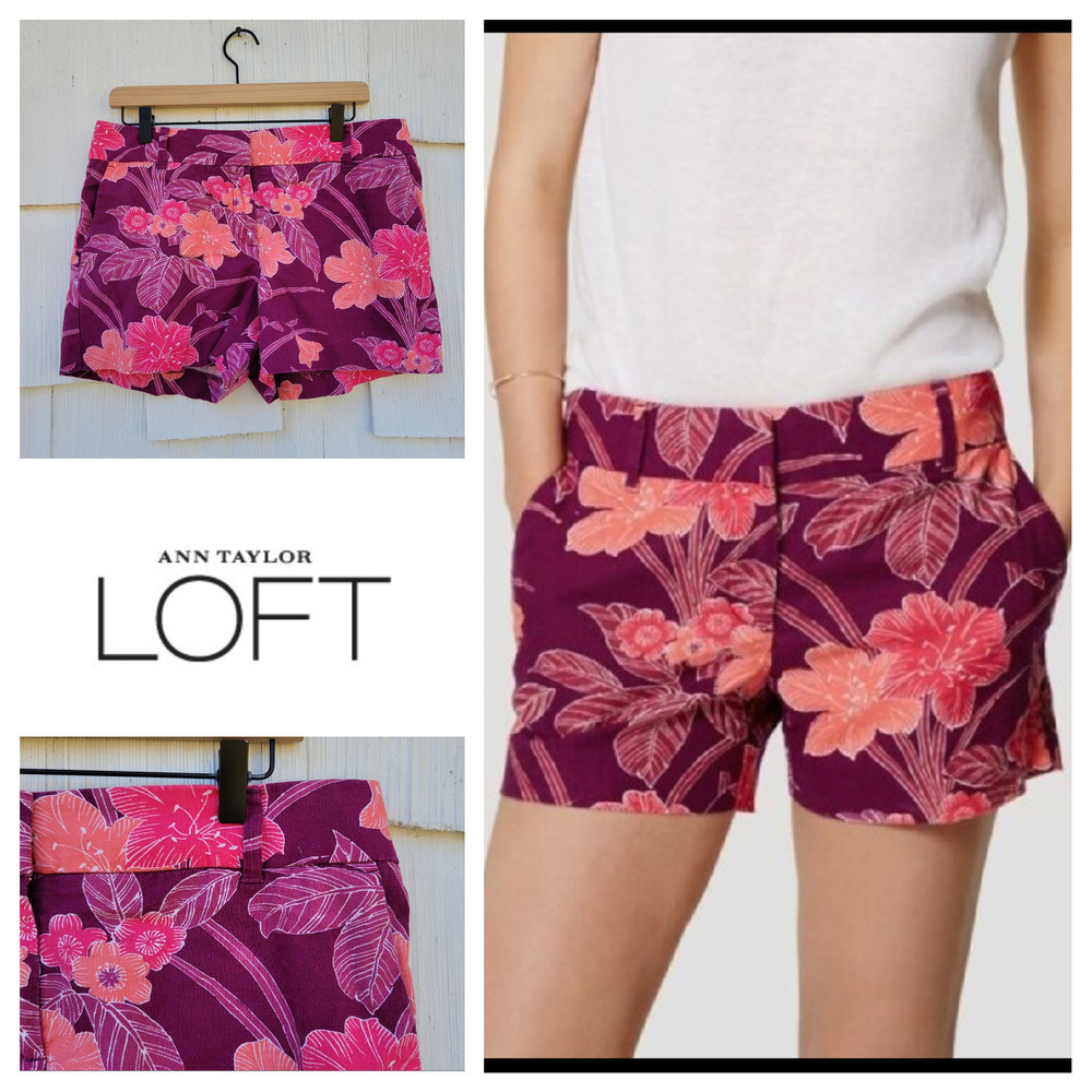 Ann Taylor LOFT Women's Size 8 Floral Linen Cotton Blend Shorts‎ Purple Pink